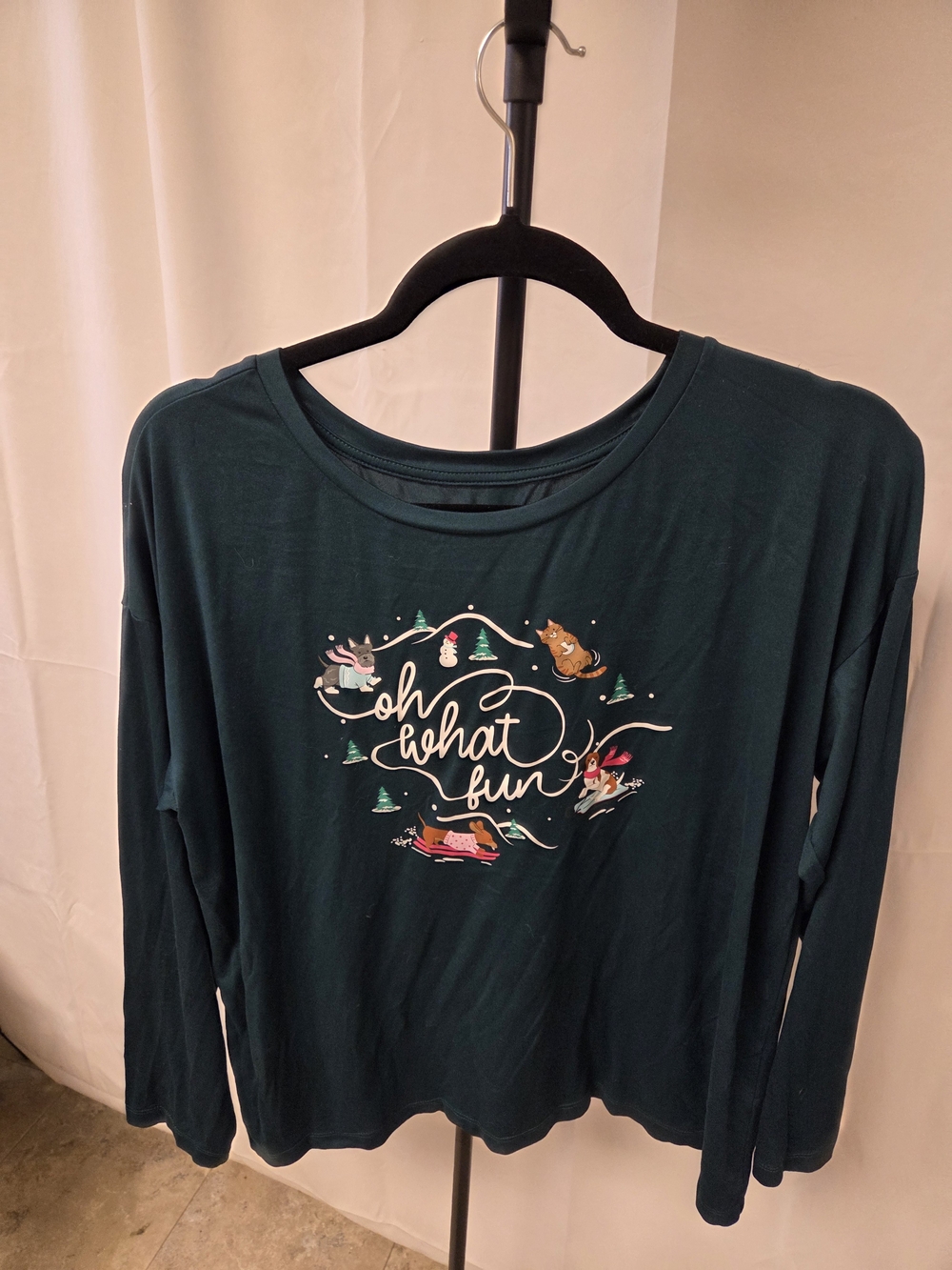 Women’s Teal Long-Sleeve Pajama Top with Festive Graphic And Pants